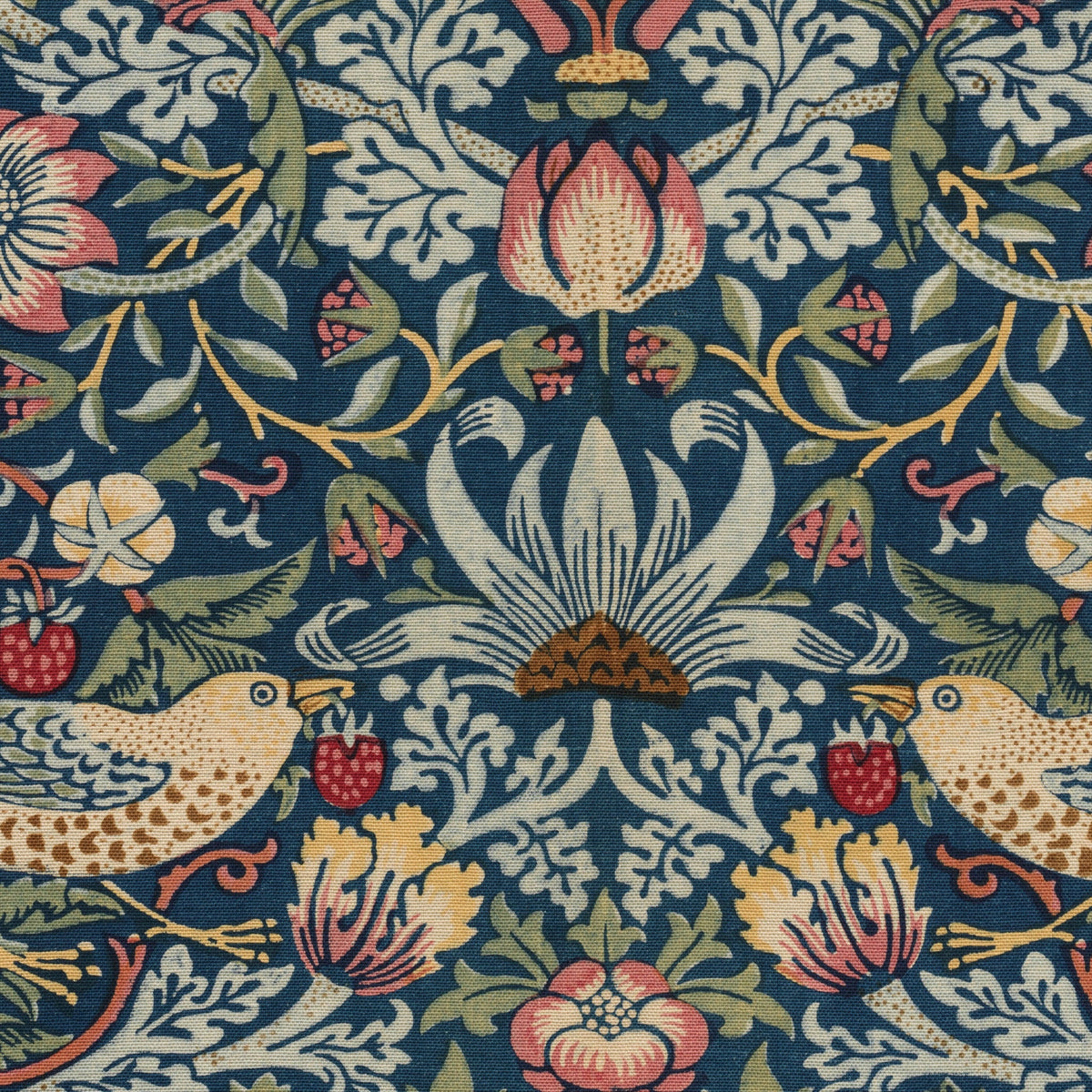 Detail at printed size — two thrushes facing across the strawberry runners