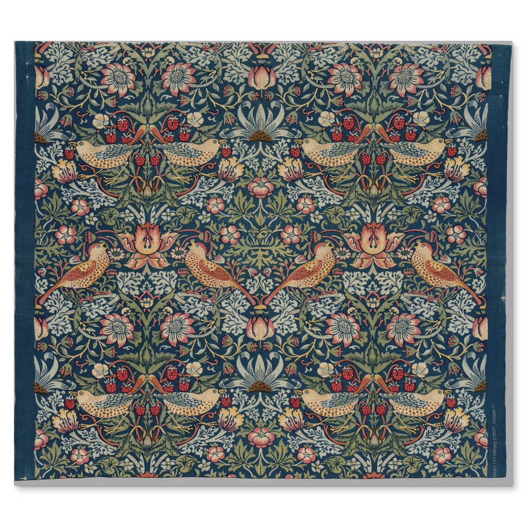 William Morris, Strawberry Thief, 1883 — the printed cotton length with its cut and fraying edges