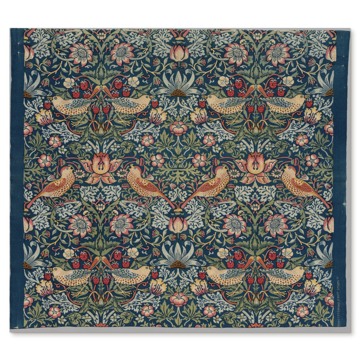 William Morris, Strawberry Thief, 1883 — the printed cotton length with its cut and fraying edges
