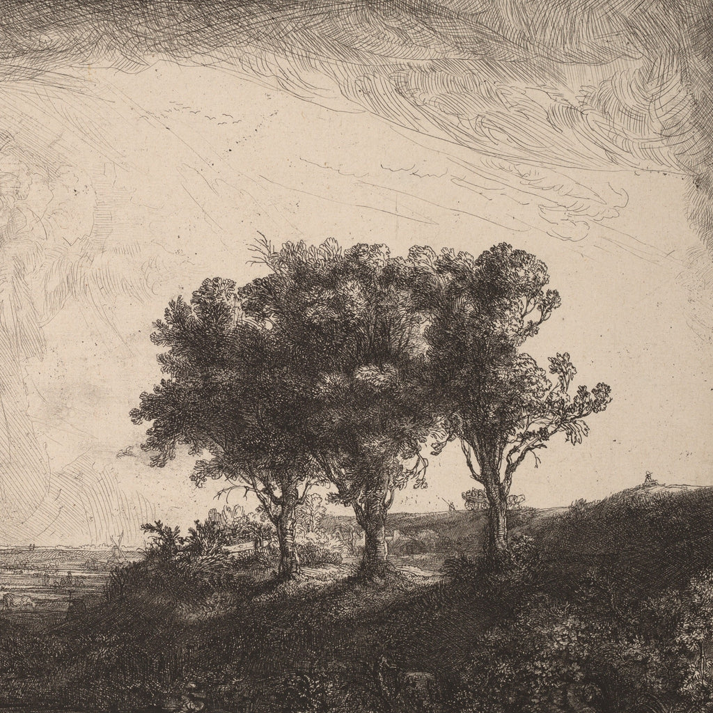 Detail at actual print size: the three trees on the ridge, the drypoint burr in the foliage and the fine etched lines of the distant land