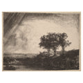 Rembrandt, The Three Trees, 1643 — the etching reproduced whole to the platemark: rain sweeping in from the upper left, three trees on a ridge, the flat land running to Amsterdam