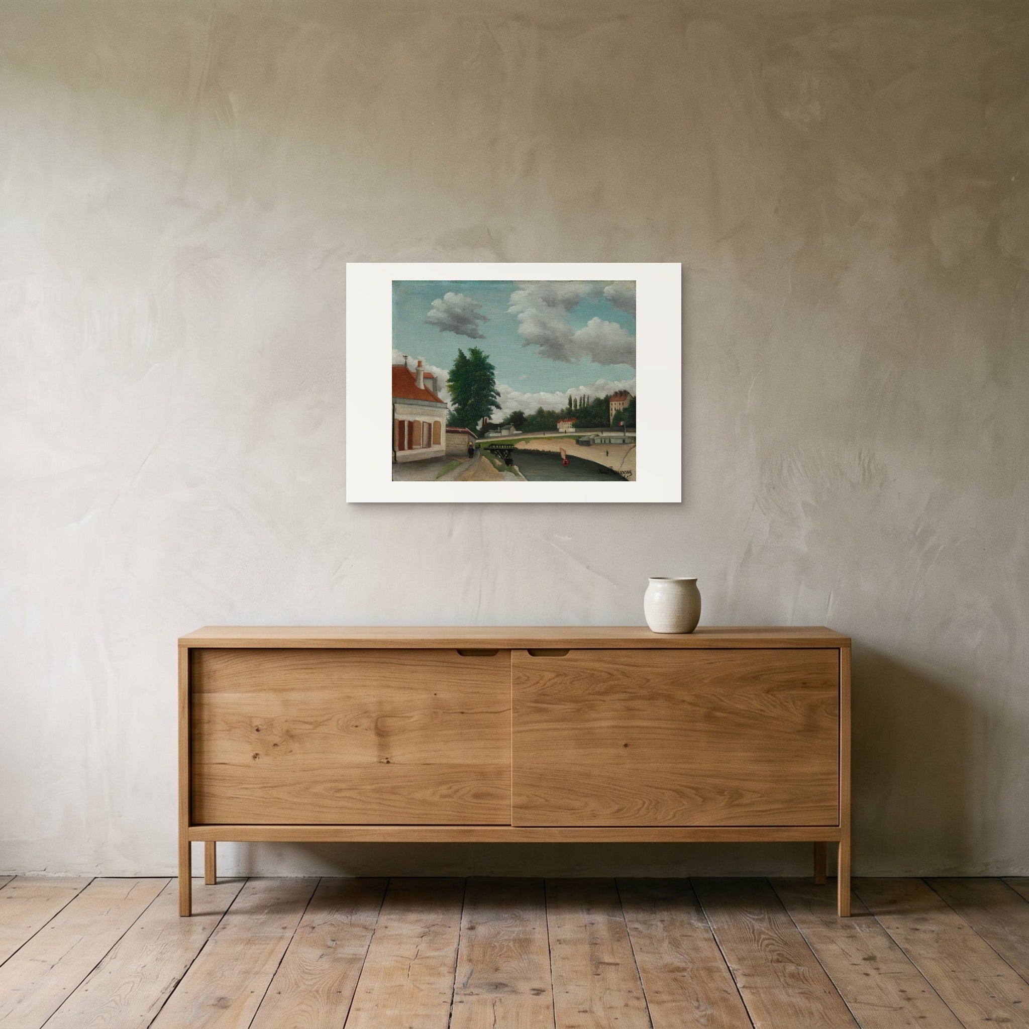 The 70 × 50 cm sheet unframed above a sideboard, showing the scale of the print
