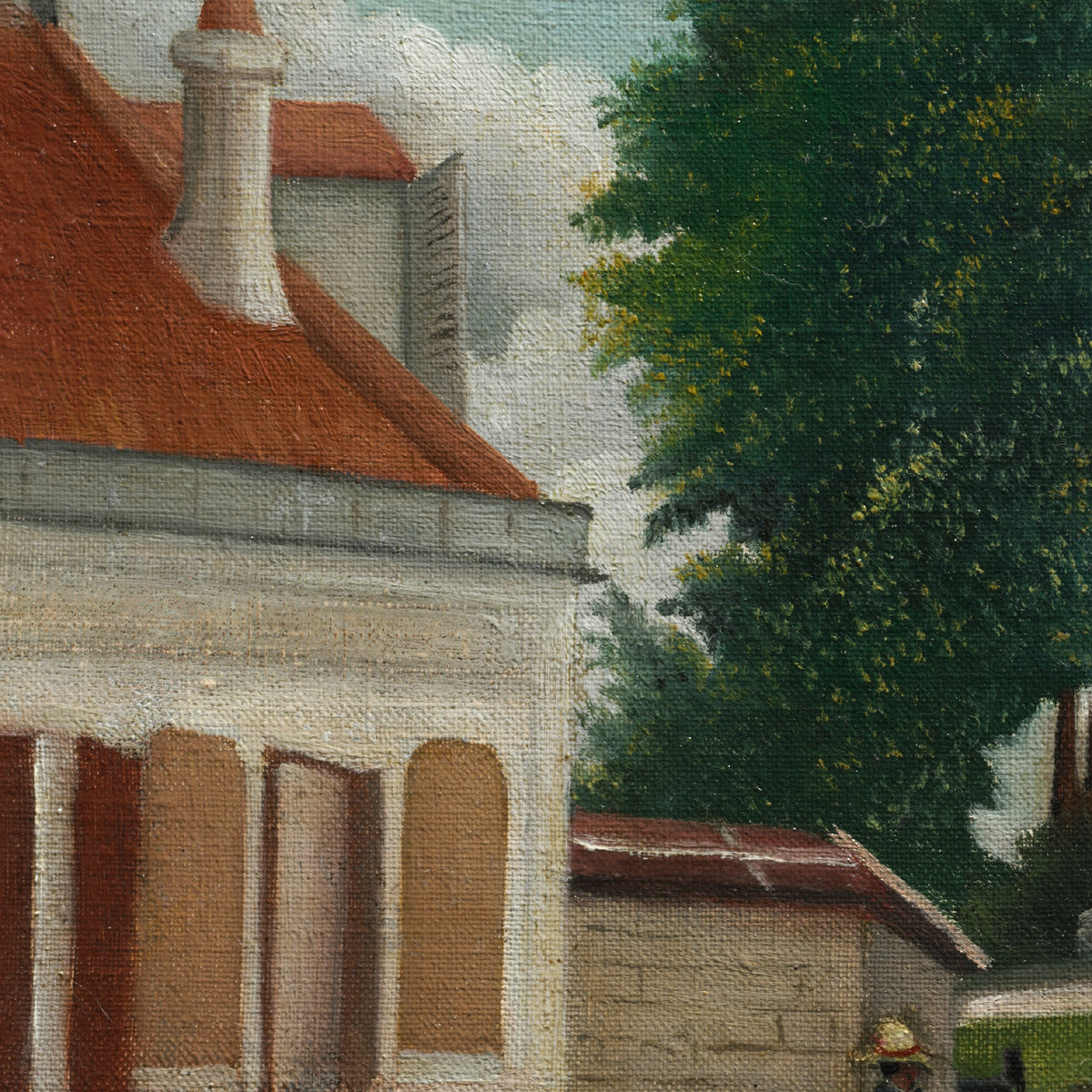 Detail at printed size: the shuttered house, the tree and a figure in a straw hat, with the canvas weave visible