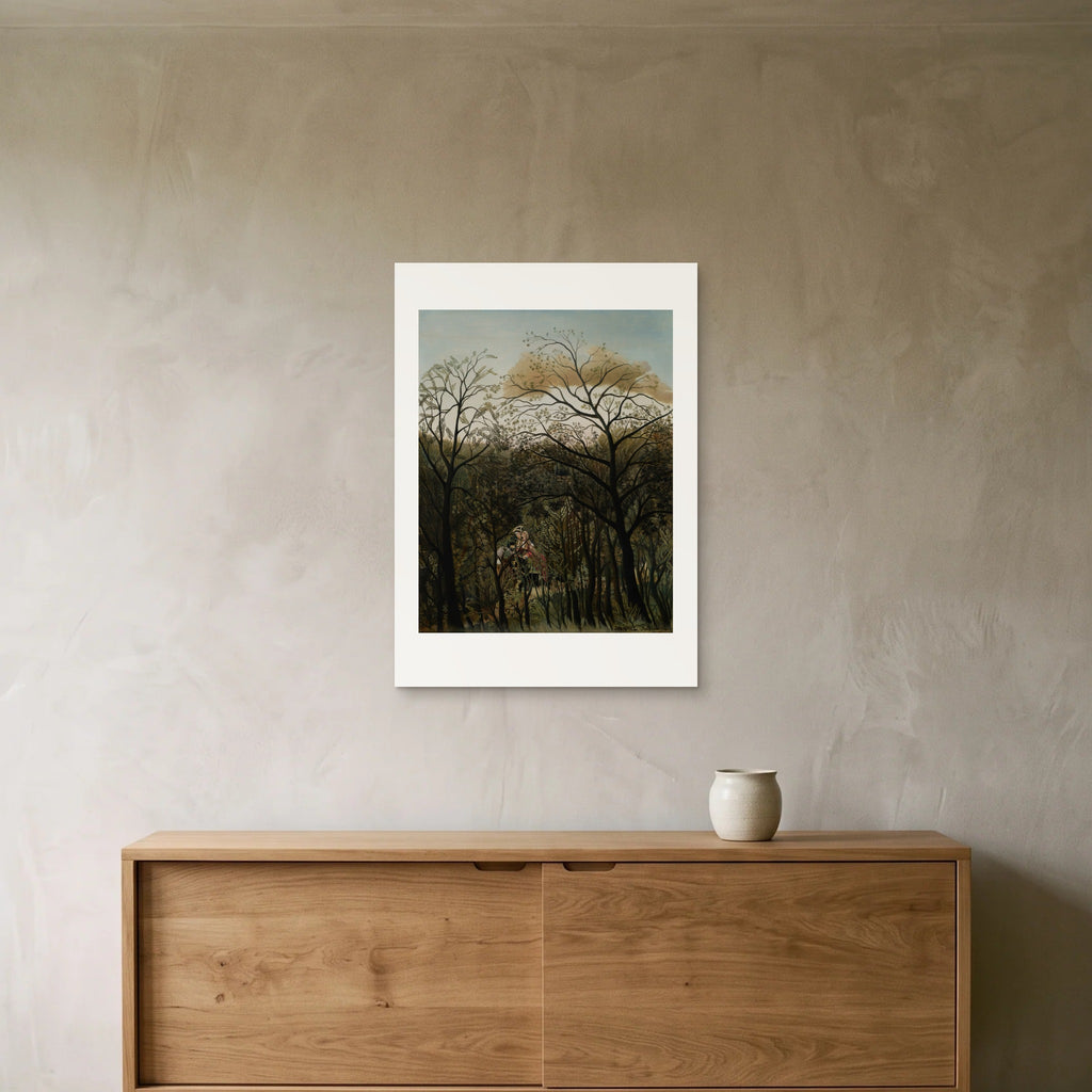 The 50 × 70 cm sheet unframed above a sideboard, showing the scale of the print