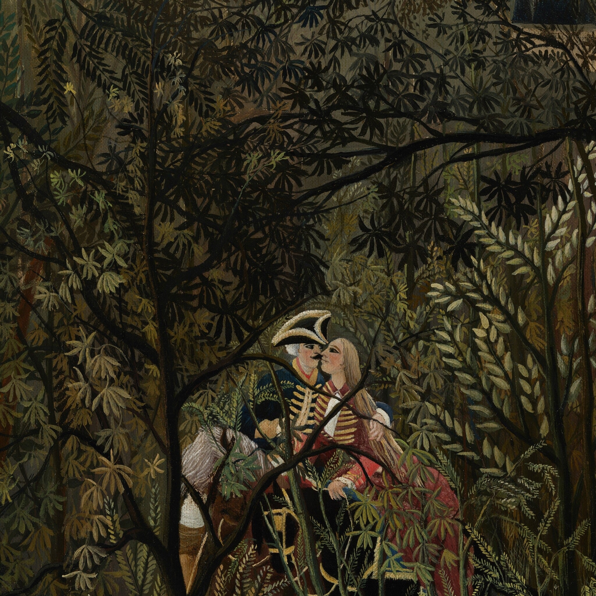 Detail at printed size: the couple in eighteenth-century dress kissing behind the screen of trees