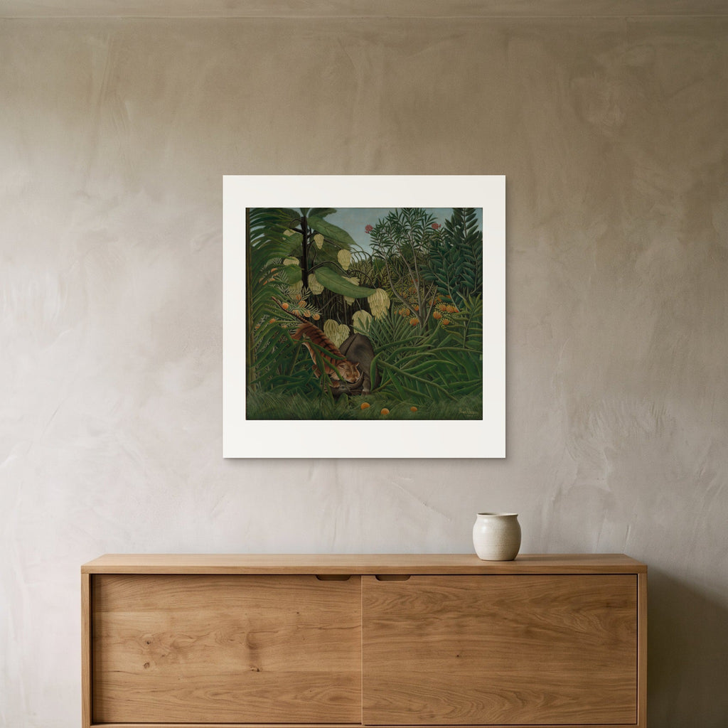 The 70 × 70 cm sheet unframed above a sideboard, showing the scale of the print