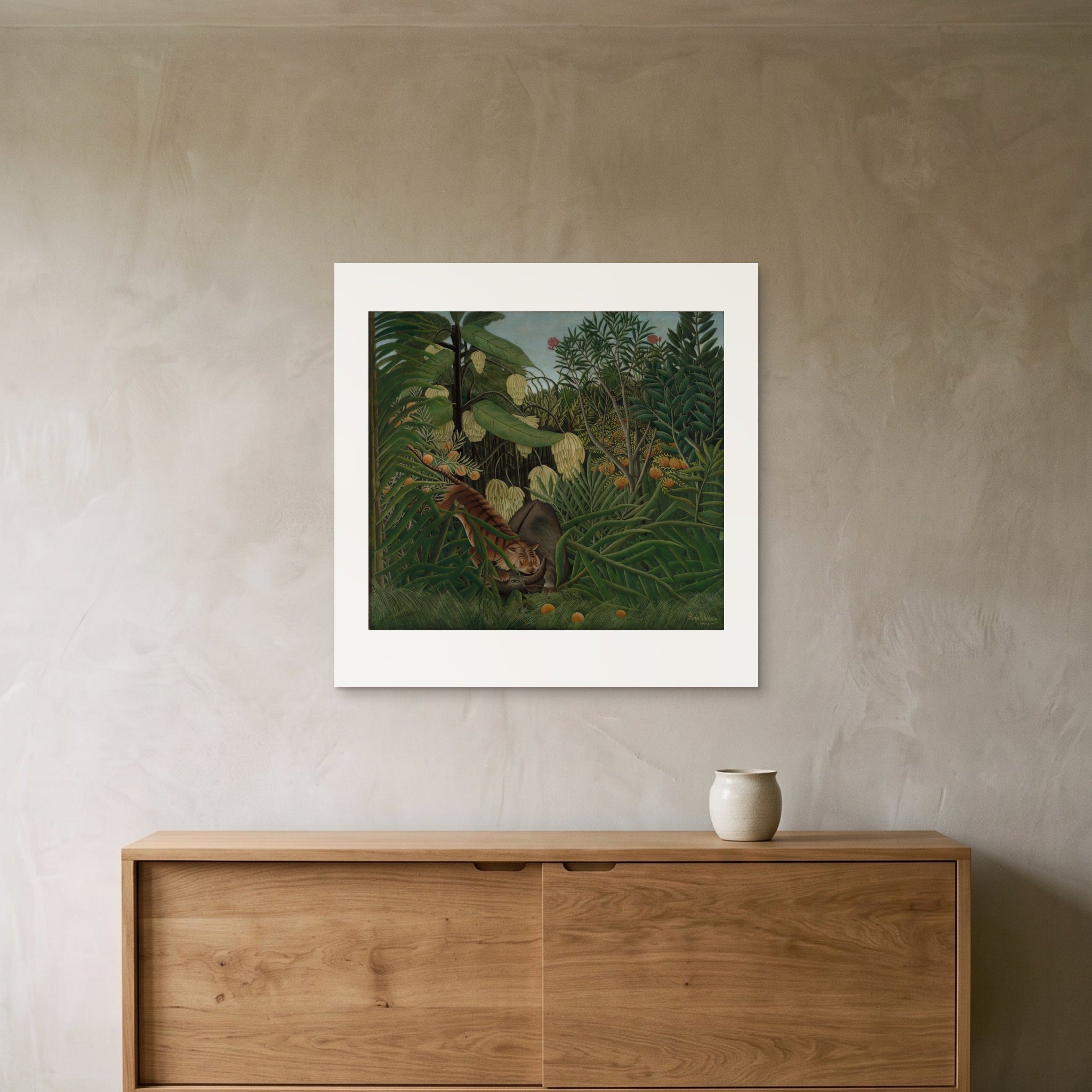 The 70 × 70 cm sheet unframed above a sideboard, showing the scale of the print