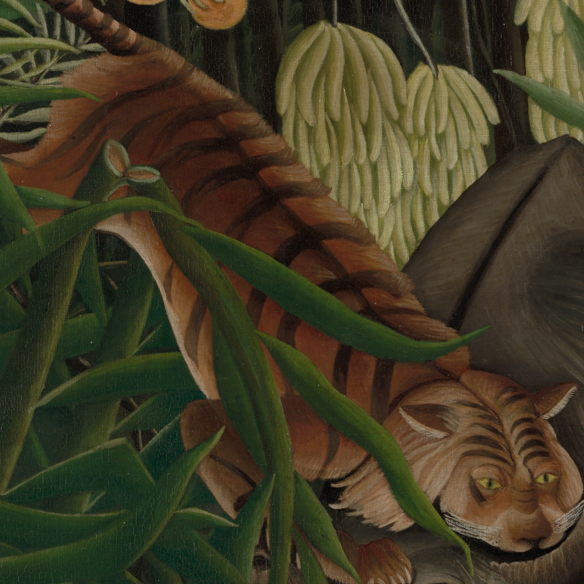 Detail at printed size: the tiger with its striped back and yellow eyes at the buffalo's throat