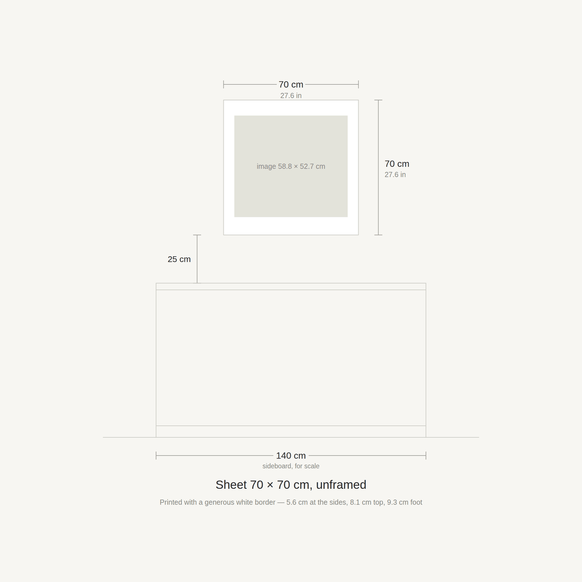 Scale diagram: the 70 × 70 cm sheet hung 25 cm above a 140 cm sideboard, printed image area 58.8 × 52.7 cm