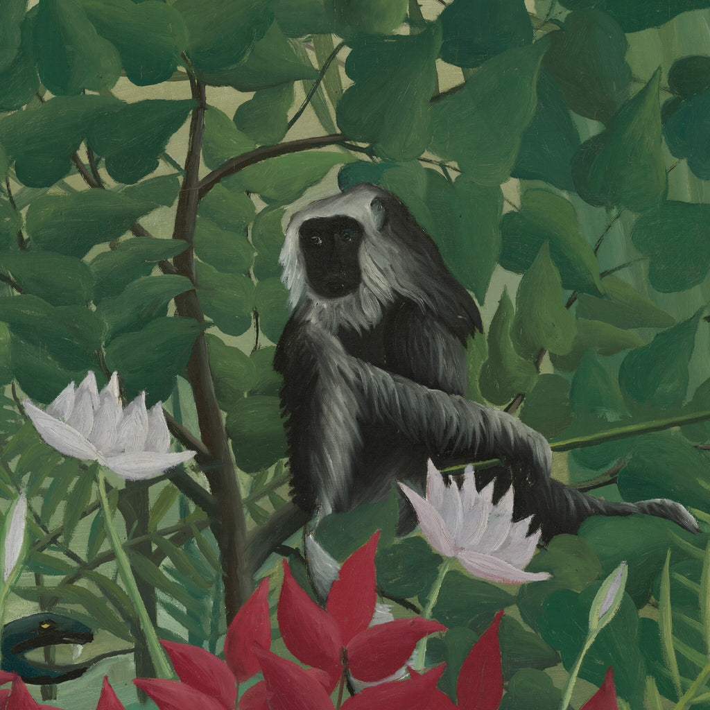 Detail at printed size: the black and silver monkey holding a white water lily above the crimson leaves