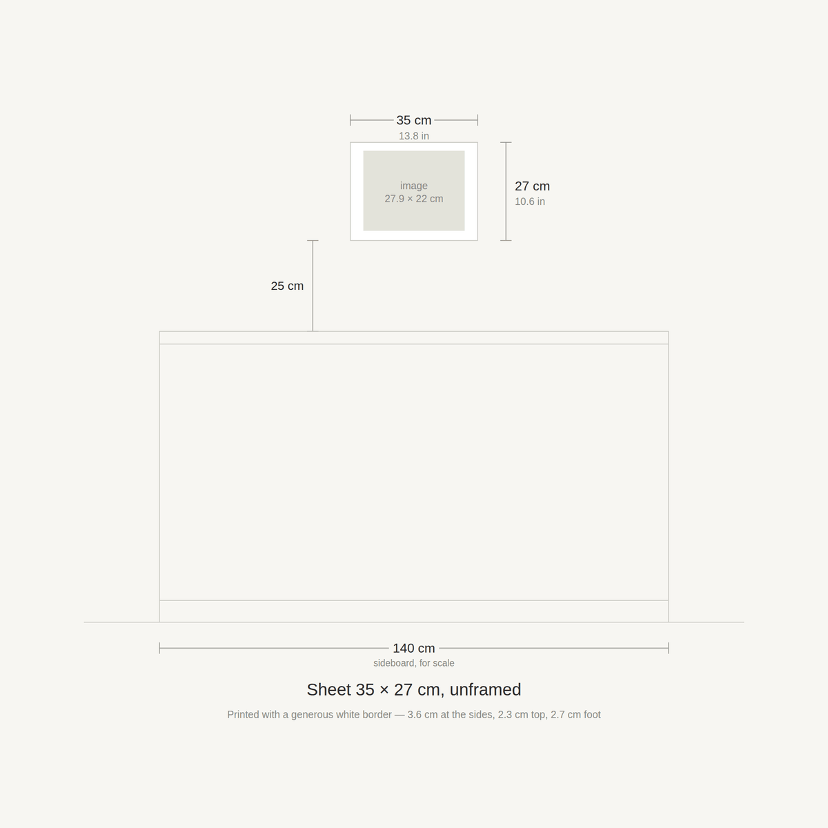 Scale diagram: the 35 × 27 cm sheet hung 25 cm above a 140 cm sideboard, printed image area 27.9 × 22 cm