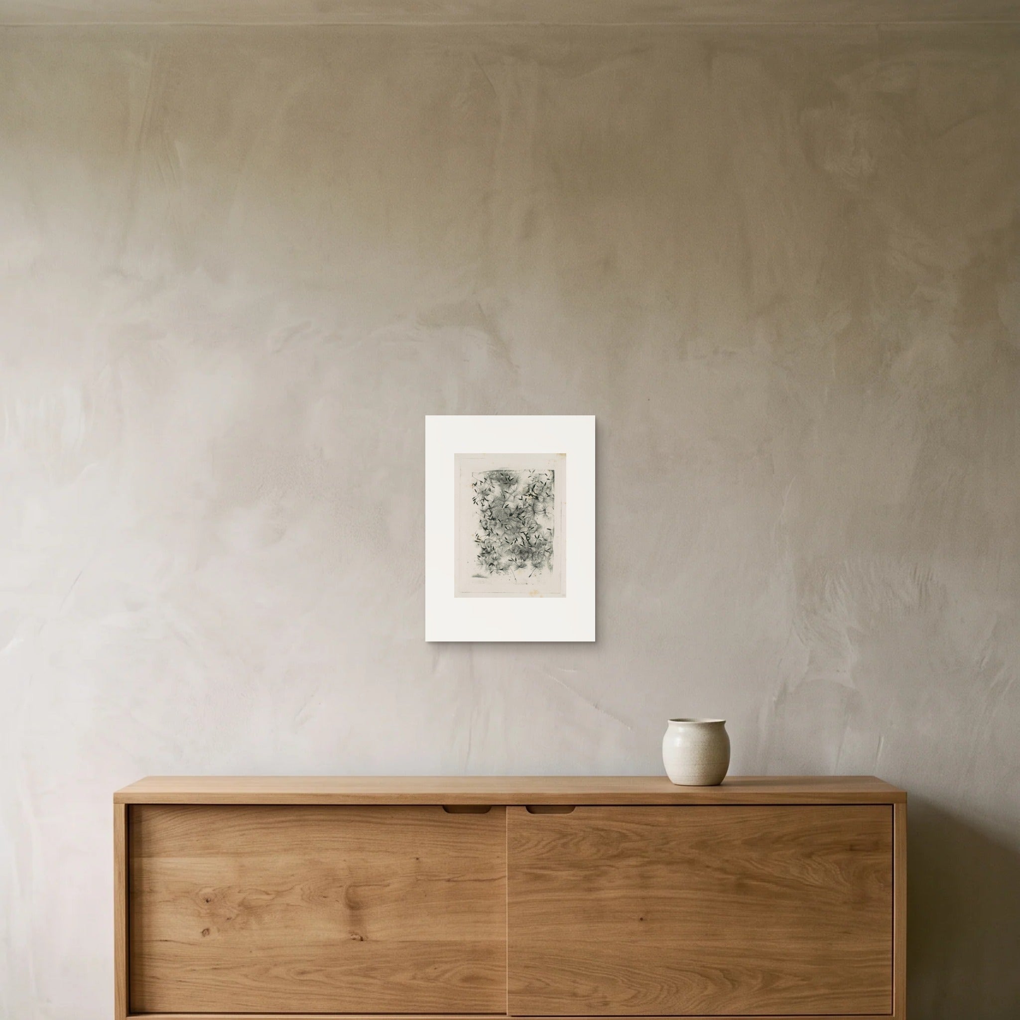 Talbot, Dandelion Seeds — the 30 × 40 cm print hung above an oak sideboard