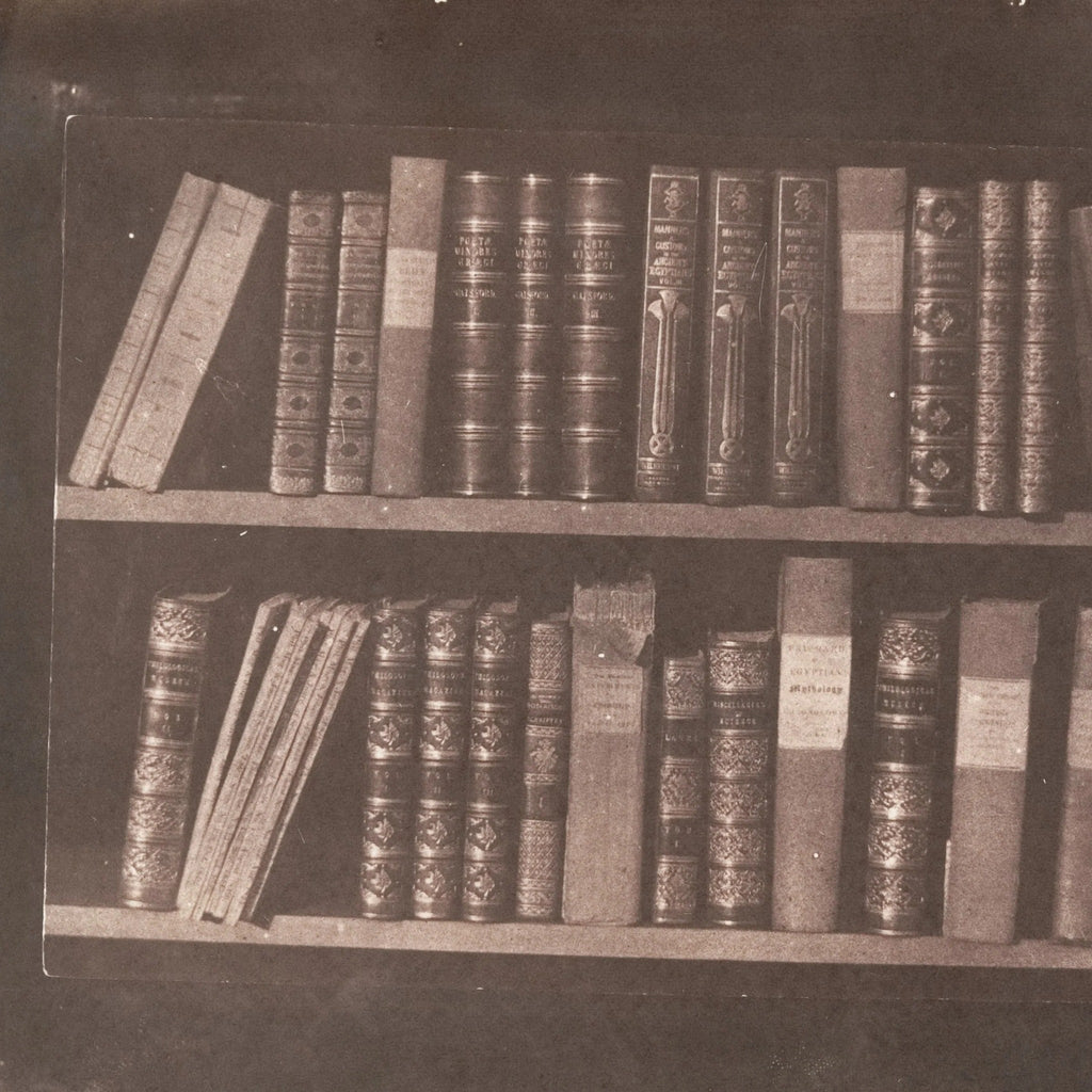 Detail at printed size — the lettered spines on Talbot's shelf