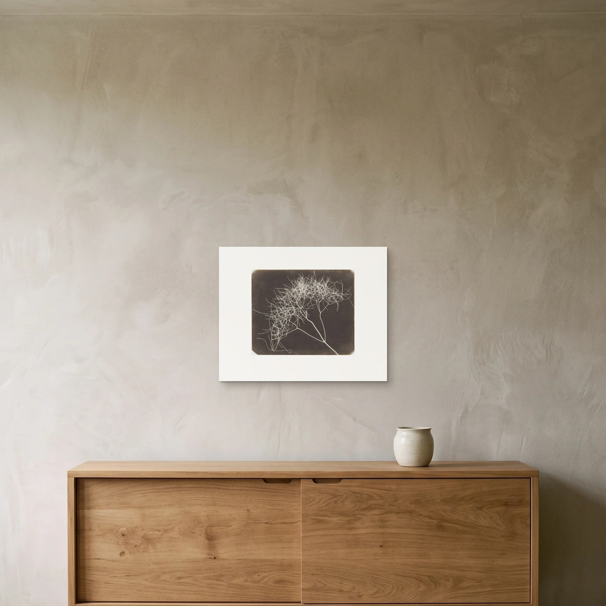 Talbot, Wild Fennel — the 50 × 40 cm print hung above an oak sideboard
