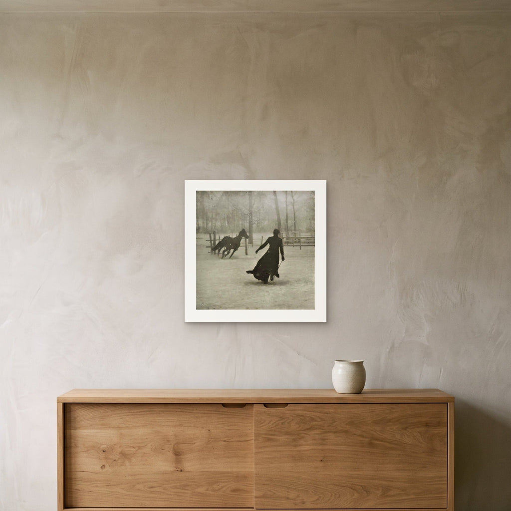 The photograph as a 50 × 50 cm giclée print, unframed, hung 25 cm above a 140 cm sideboard