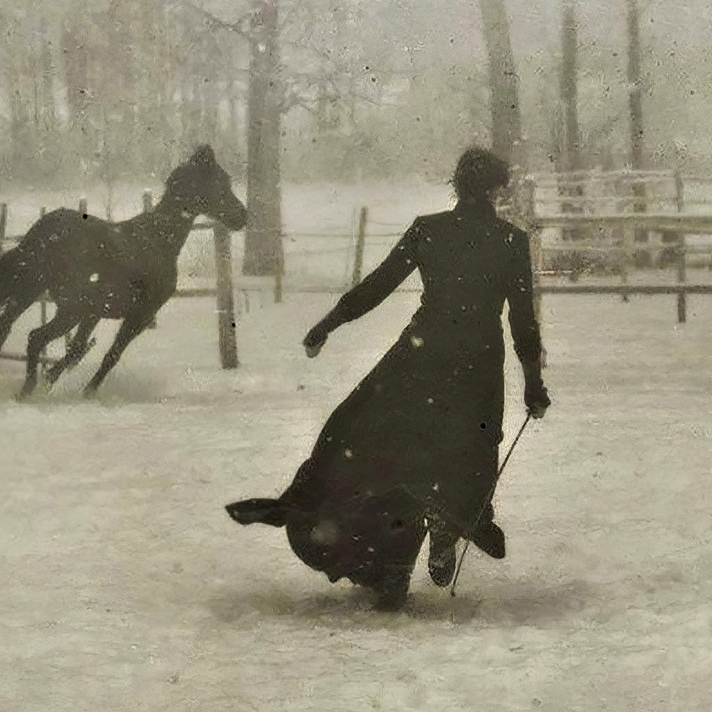Detail at actual print size: the woman's coat, the whip and the grain of the old photograph