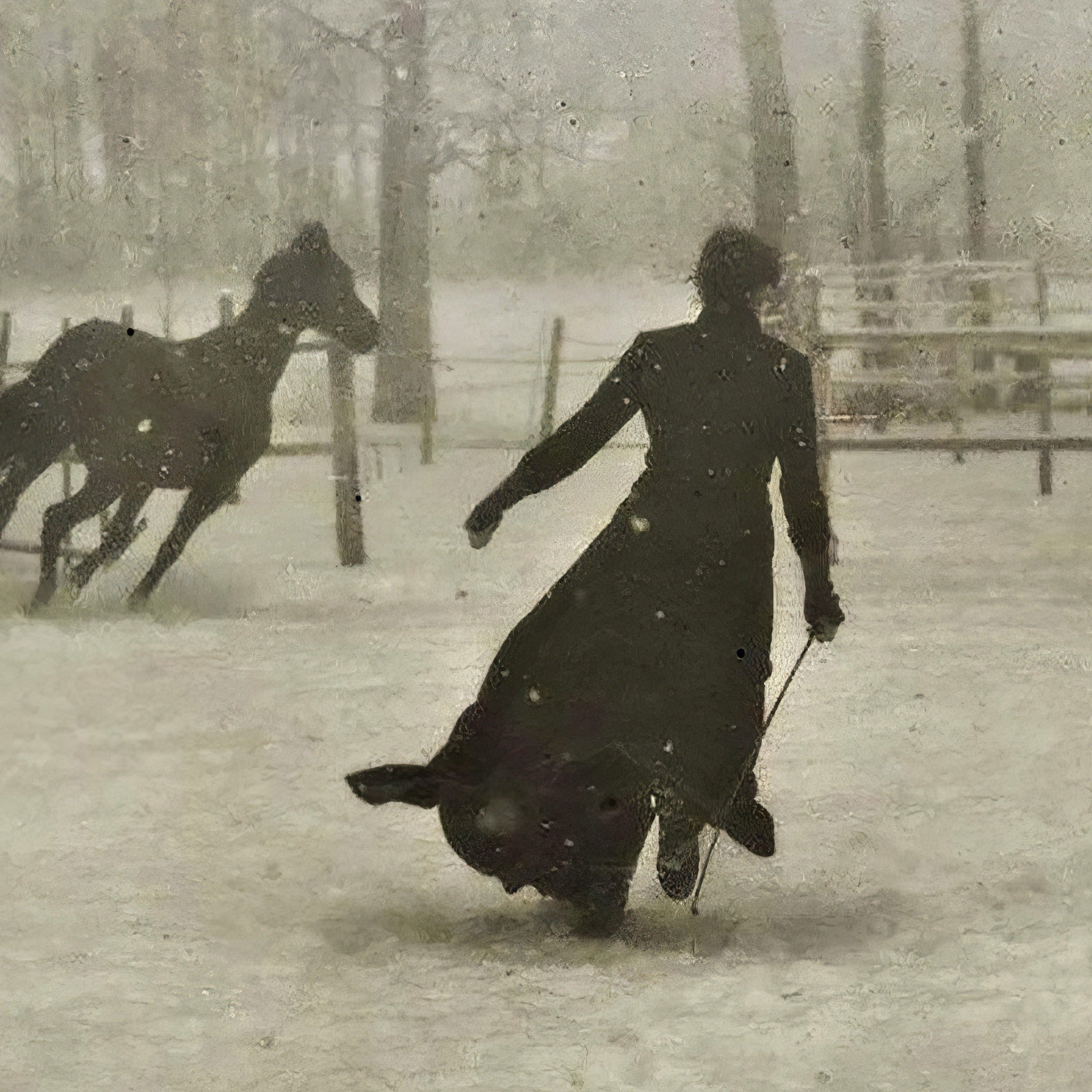 Detail at actual print size: the woman's coat, the whip and the grain of the old photograph