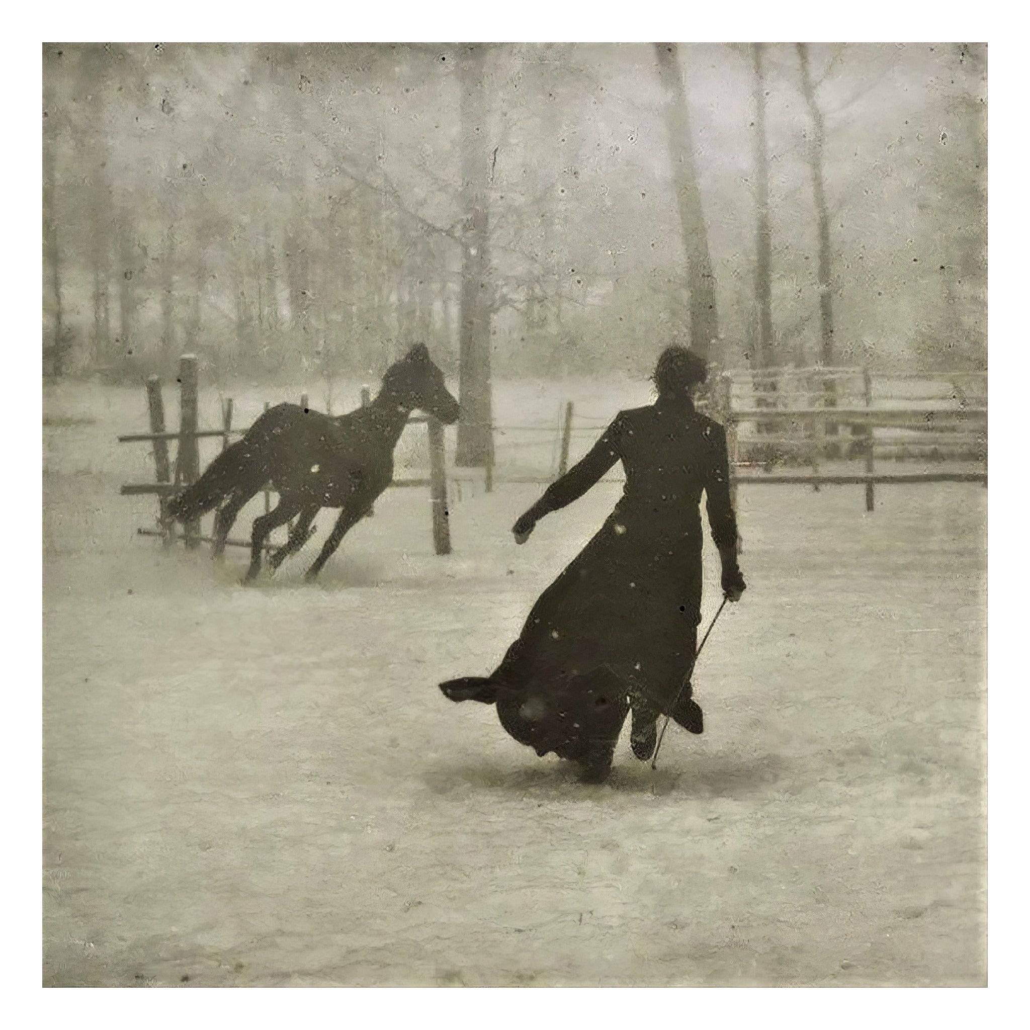 Attributed to Félix Thiollier, Lady and Horse in the Snow, 1899 — the photograph reproduced whole, a woman in a long coat and a galloping horse on snow