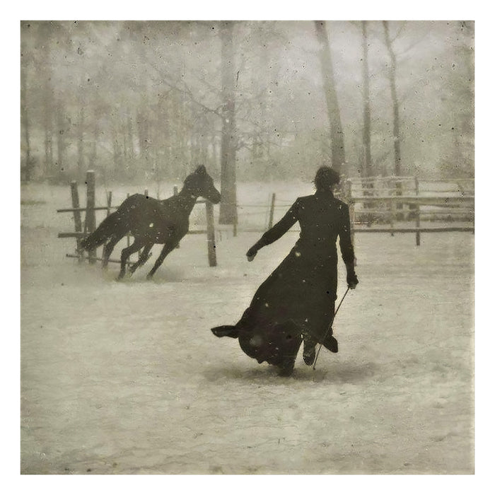 Attributed to Félix Thiollier, Lady and Horse in the Snow, 1899 — the photograph reproduced whole, a woman in a long coat and a galloping horse on snow