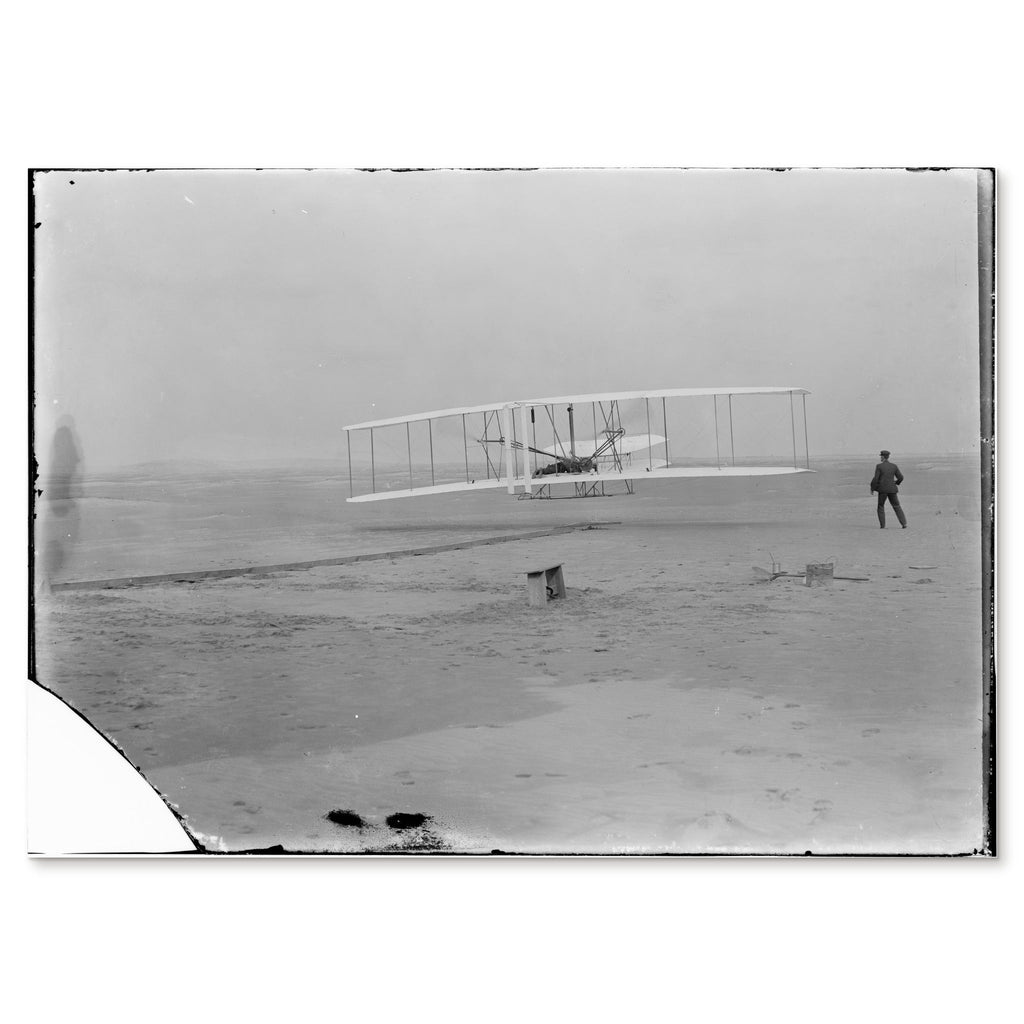 First flight, Kitty Hawk, 17 December 1903 — the whole glass negative as scanned, with its chipped plate border, the lost corner and the stains along the lower edge