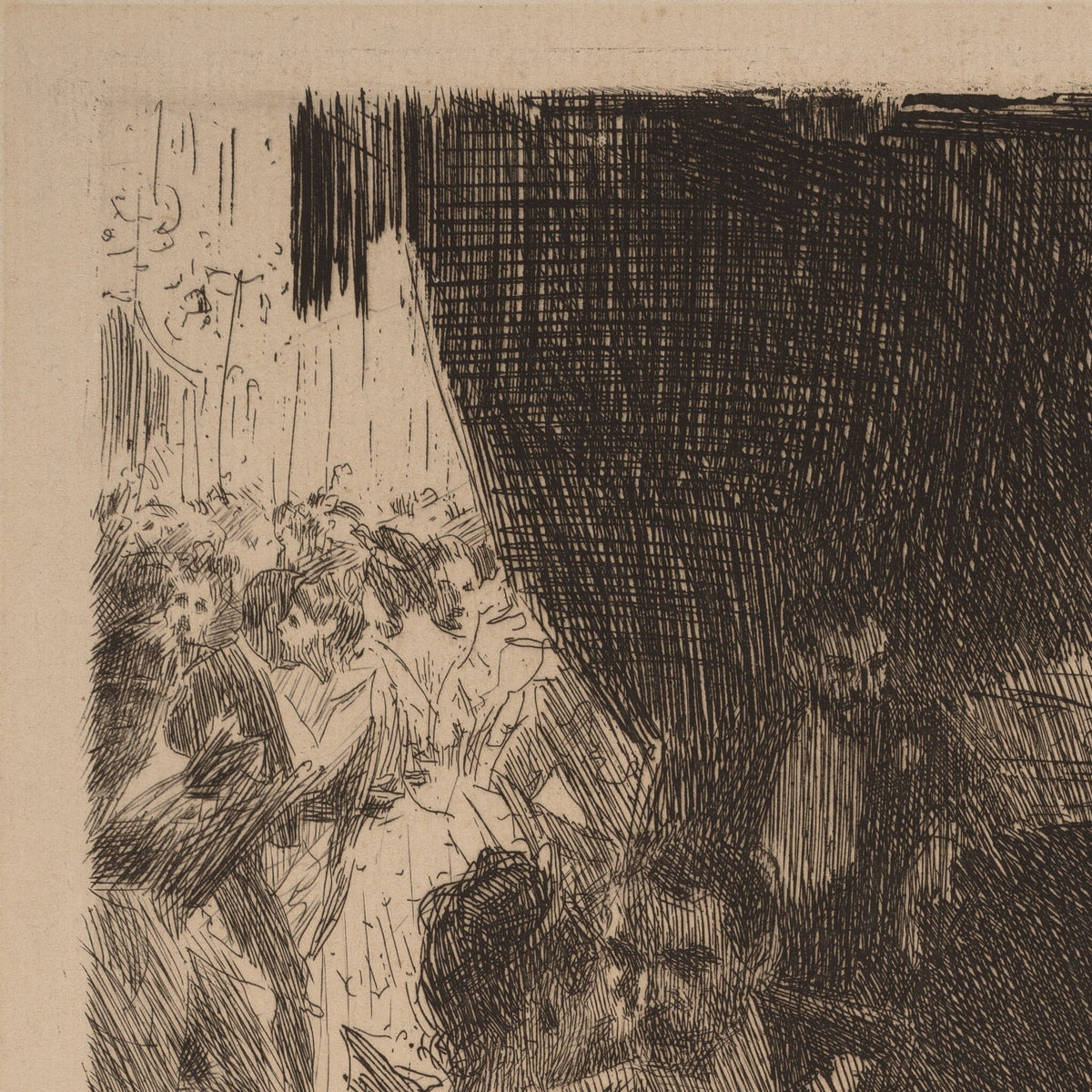 Detail of the etched hatching and onlooking figures, printed at 1:1