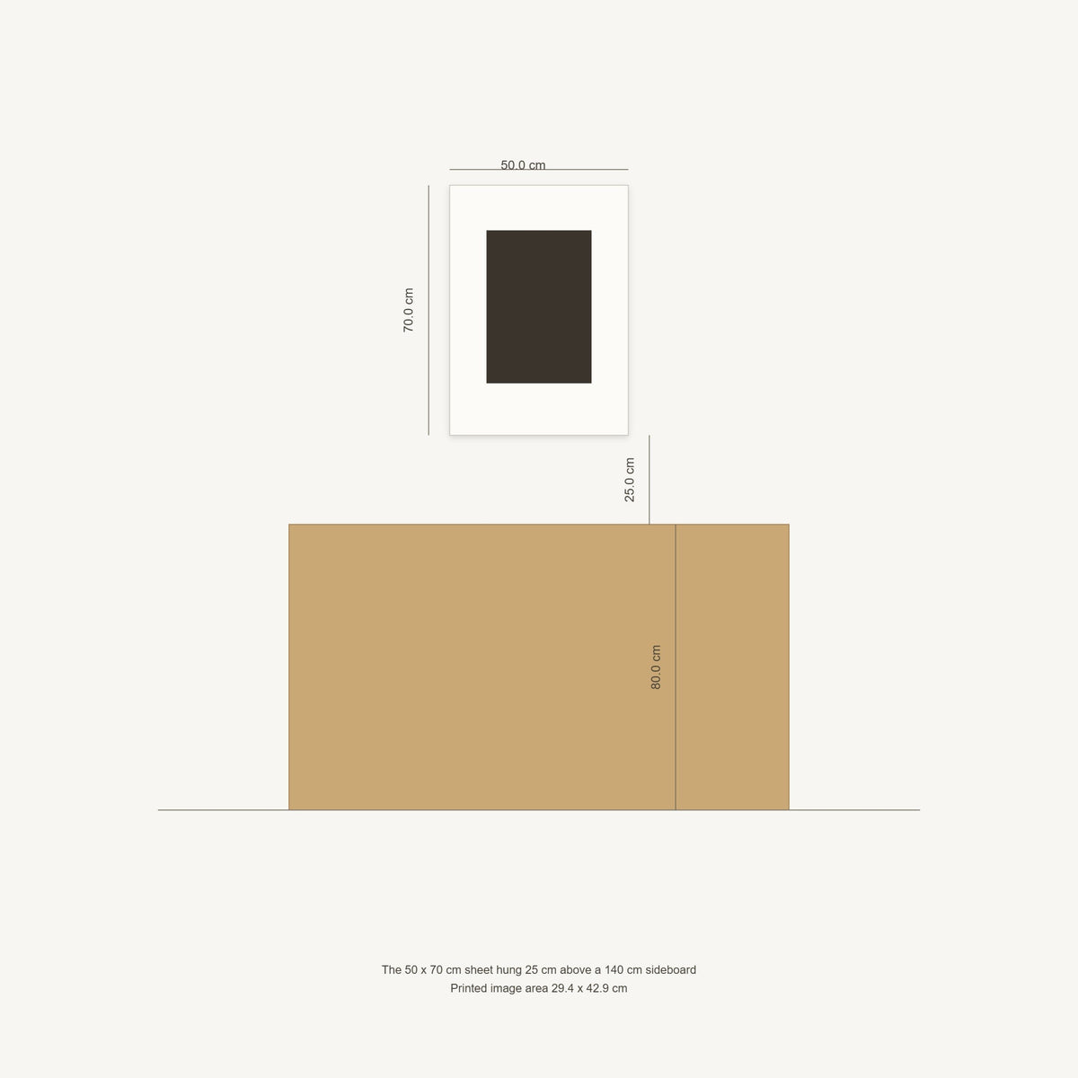Scale diagram: the 50 x 70 cm sheet hung 25 cm above a 140 cm sideboard, printed image area 29.4 x 42.9 cm